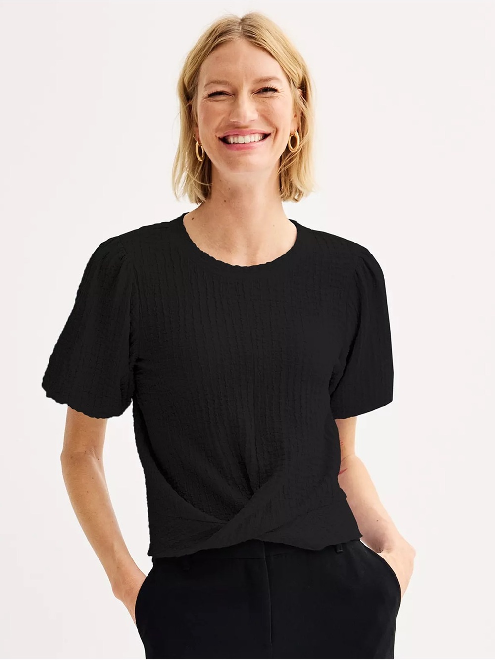 Nine West Puff Sleeve Textured Banded Top in Mineral Black, Size Small